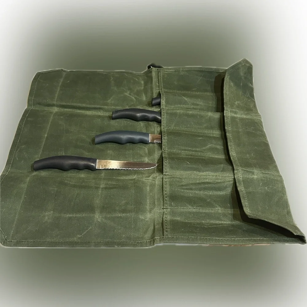 FOREVER SHARP 4 PIECE GOURMET STAINLESS STEAK KNIVES IN WAXED CANVAS KNIFE ROLL